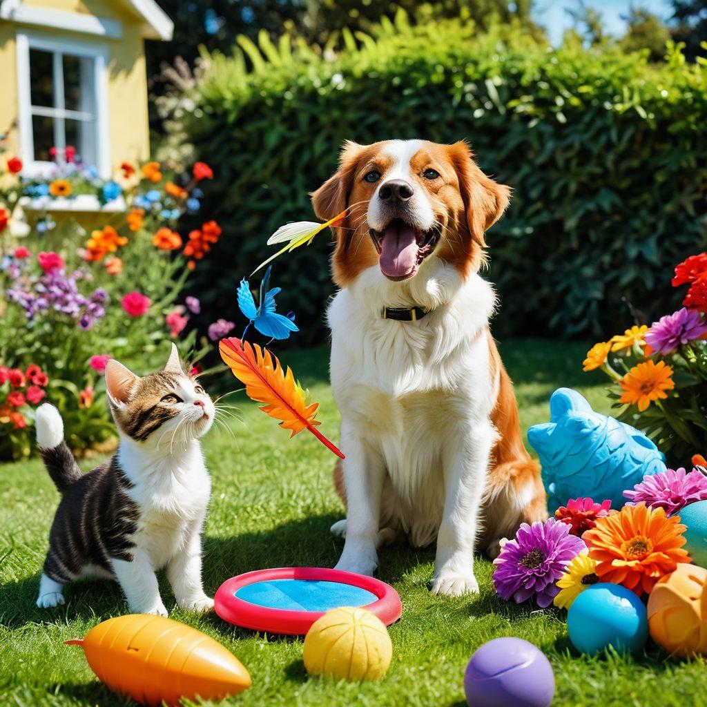 A playful scene of various dogs and cats joyfully engaging with colorful toys in a sunny garden, capturing their happy expressions and playful antics. Include a dog playing fetch with a frisbee, a cat batting at a feather wand, and vibrant flowers surrounding them. Emphasize a sense of companionship and excitement. 3D. vibrant colors. soft focus.
