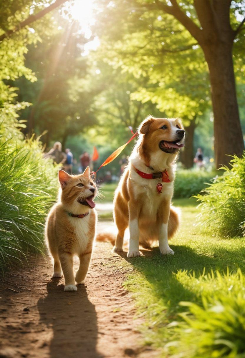 A joyful scene in a sunlit park showcasing various furry friends like dogs and cats playing with their owners. Include a variety of activities such as fetch, tug-of-war, and frisbee catch, with colorful toys scattered around. Capture the happiness of both pets and humans, surrounded by lush greenery and friendly faces. The atmosphere should exude warmth and fun. vibrant colors. super-realistic. lively background.
