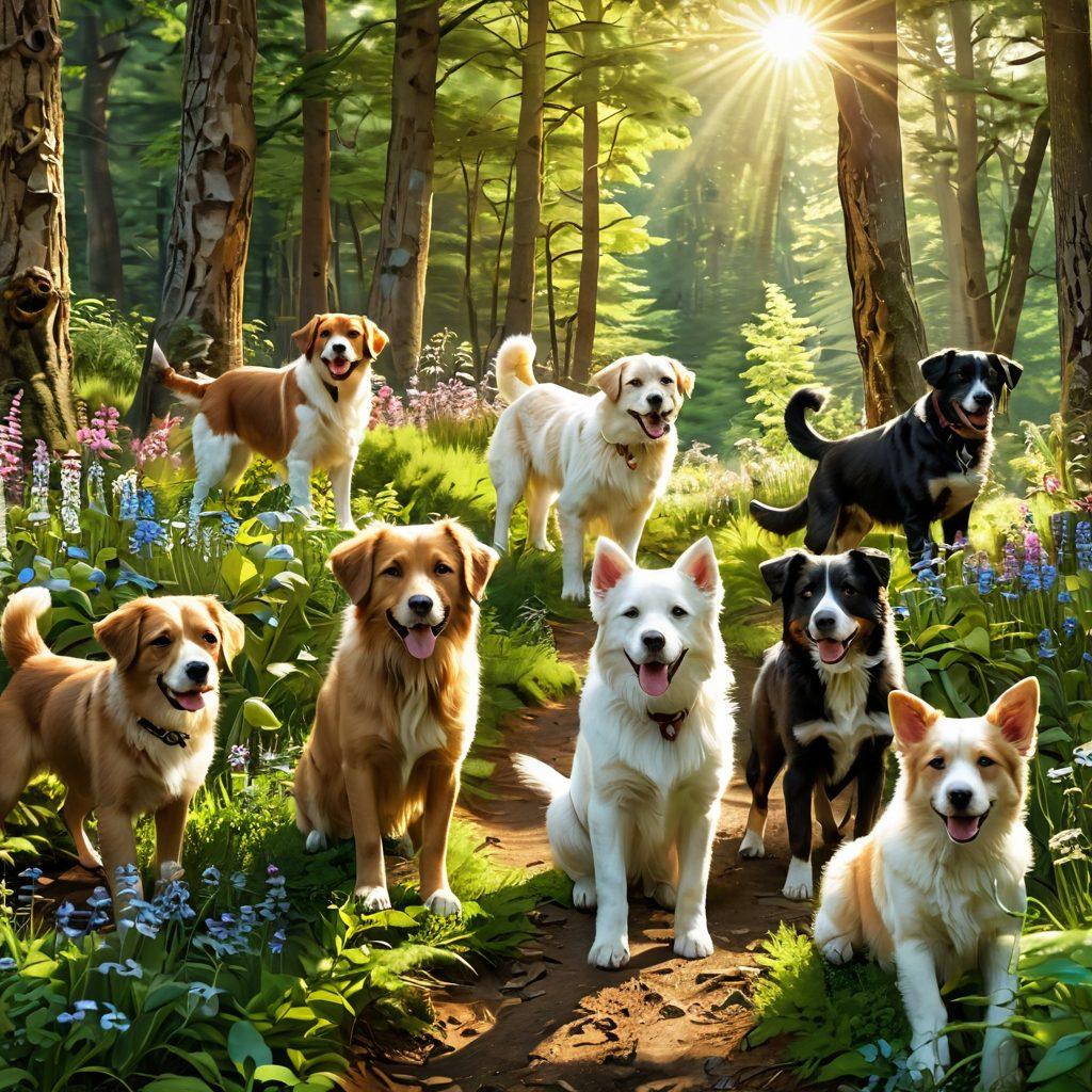 A cheerful outdoor scene featuring a diverse group of dogs and their owners hiking through a lush green forest, with playful puppies exploring around them. Include various breeds and sizes of dogs, and vibrant wildflowers along the trail. The sun is shining through the trees, creating a warm atmosphere filled with joy and companionship. super-realistic. vibrant colors. 3D.